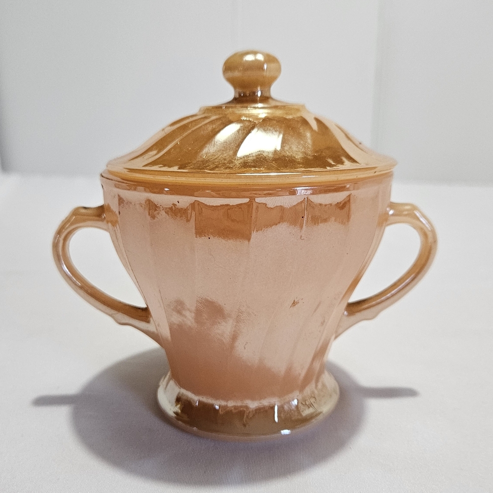 Fire-King Peach Lustre Covered Sugar Bowl • Oven-Proof Anchor Hocking USA
